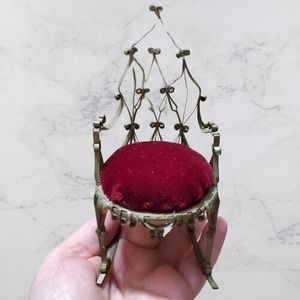 Vintage Tin Can Folk Tramp Art Quilled Rocking Chair Pin Cushion